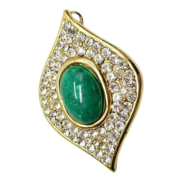 Green Spotted Acrylic Cabochon Clear Rhinestone Gold Tone Teardrop Pendant - Picture 2 of 4